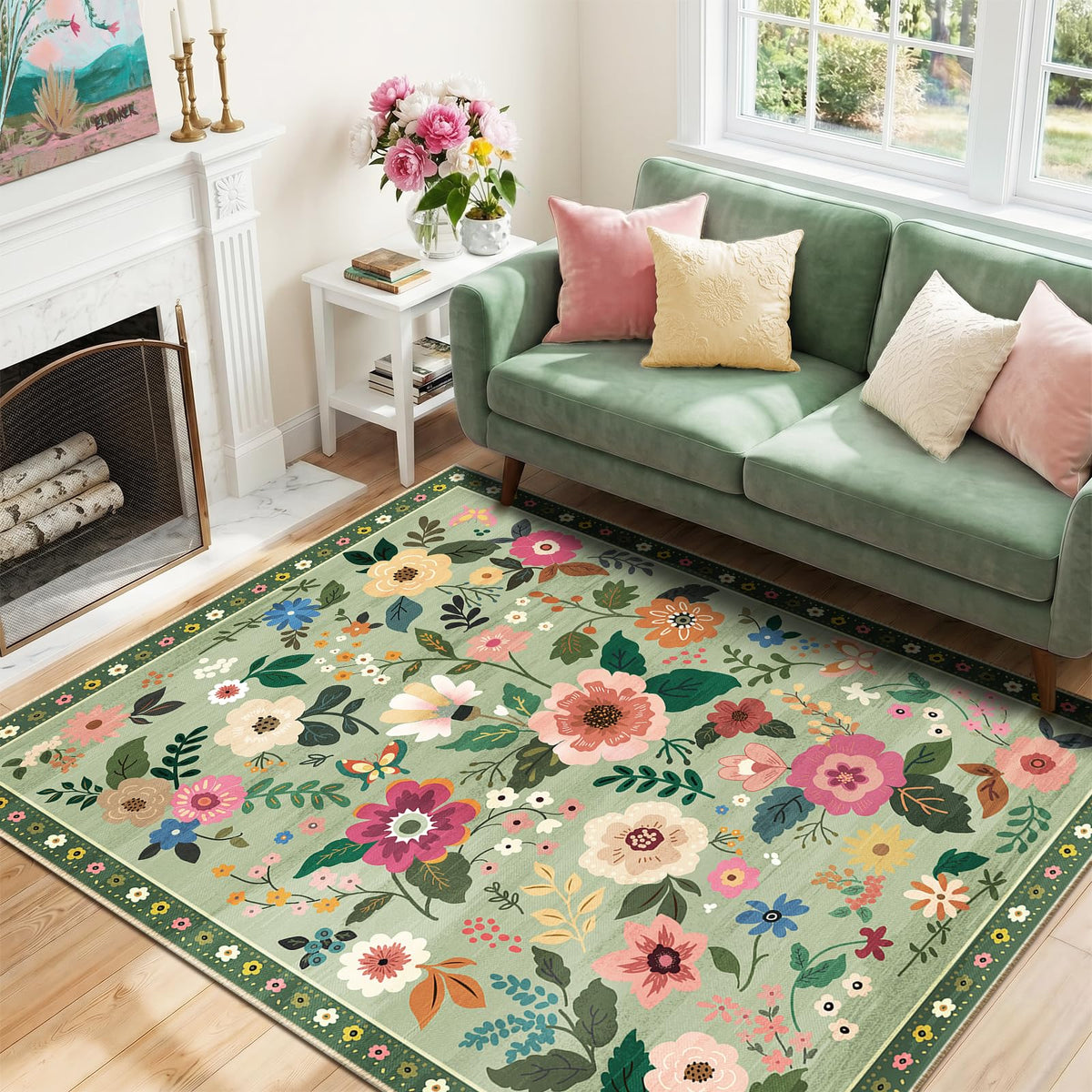 RELEANY Floral Washable 5x7 Area Rugs Black