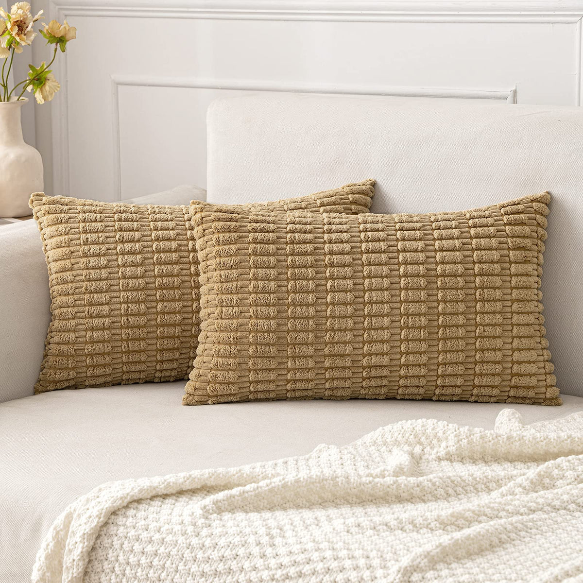 MIULEE Corduroy Decorative Throw Pillow Covers 18x18 Cream White Pack of 2
