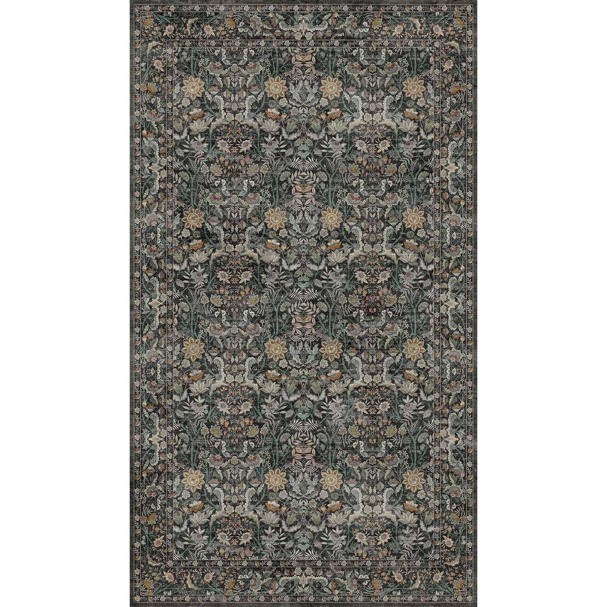 Vintage Botanical Area Rug 8x10: Floral Carpet Non-Slip - Dark Green