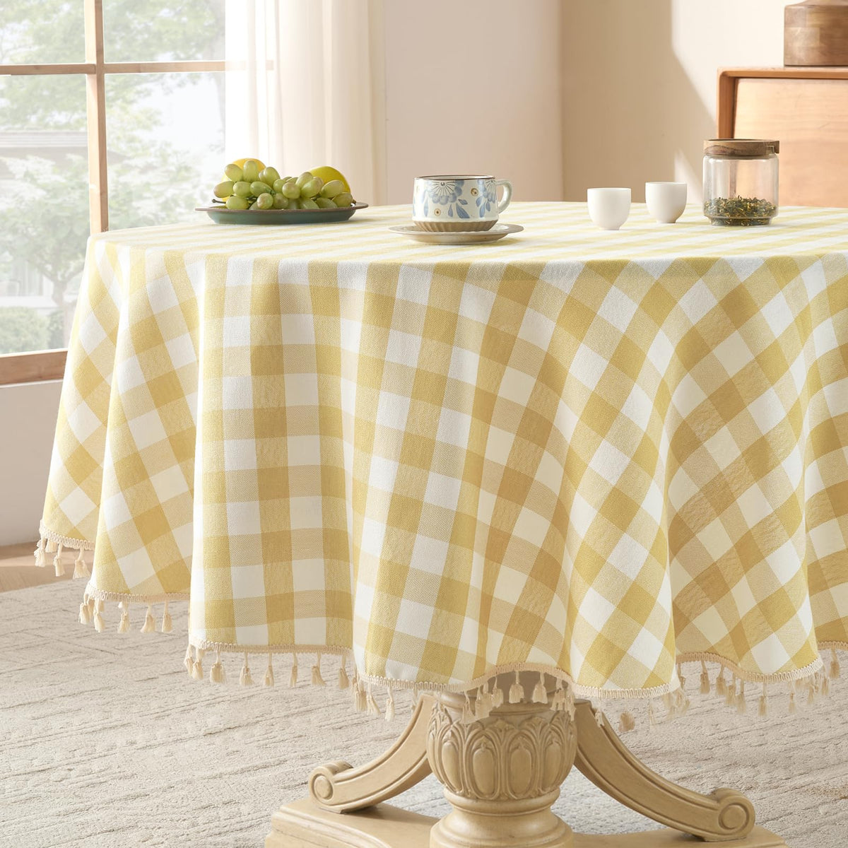Softalker Gingham Rectangle Tablecloth with Tassel, Sage Green, 55" x 84"