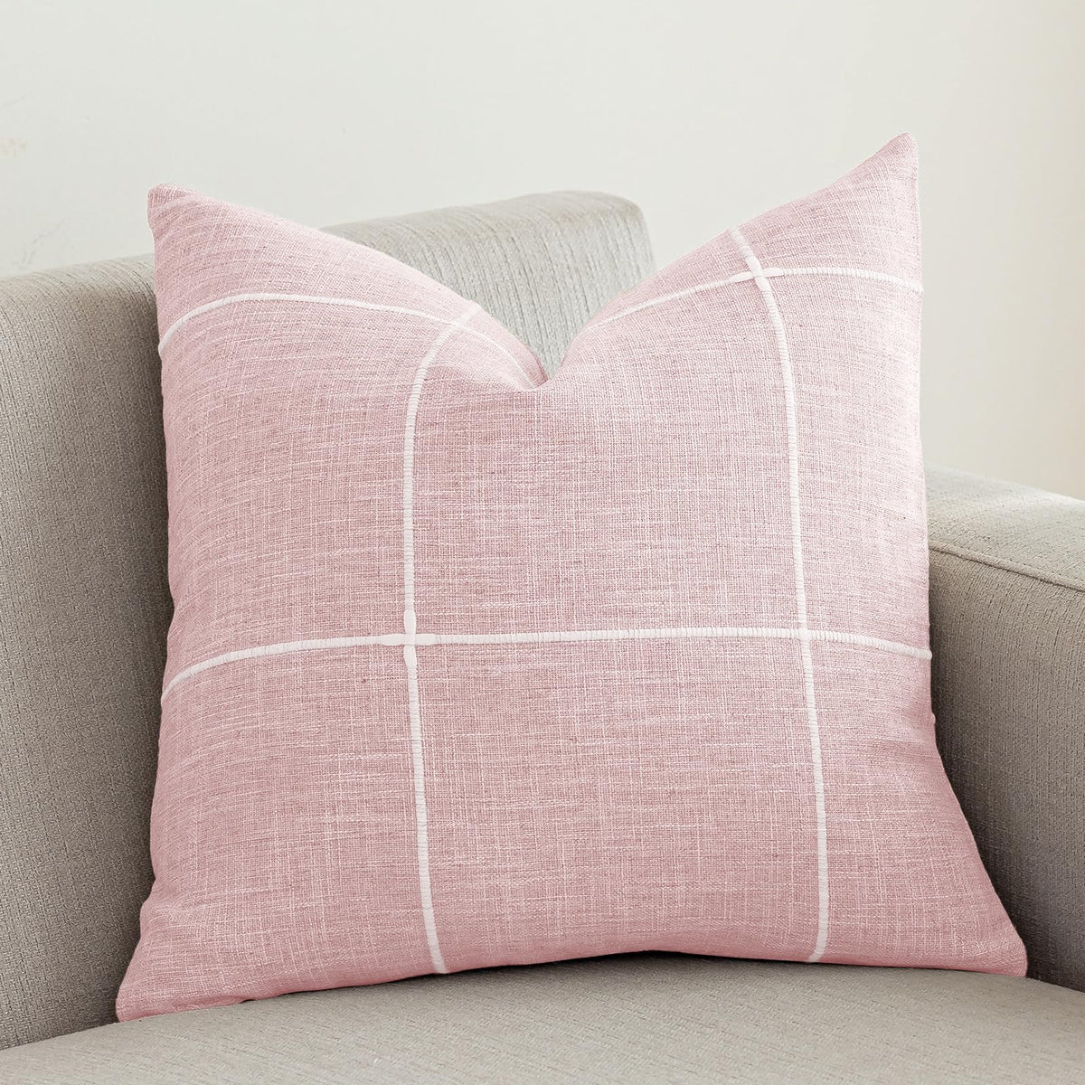 vctops Rustic Lattice Cotton Linen Decorative Throw Pillow Cover Embroidery Square Cushion Cover Pillowcase for Sofa Bedroom Couch (Plaid Coffee,18"x18")