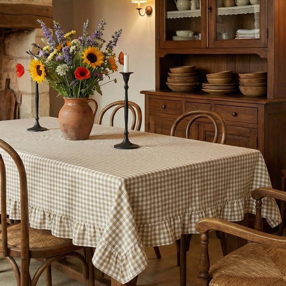 Mindsoft Brown Ruffled Gingham Tablecloth, 52 x 70 Inches, Rectangle