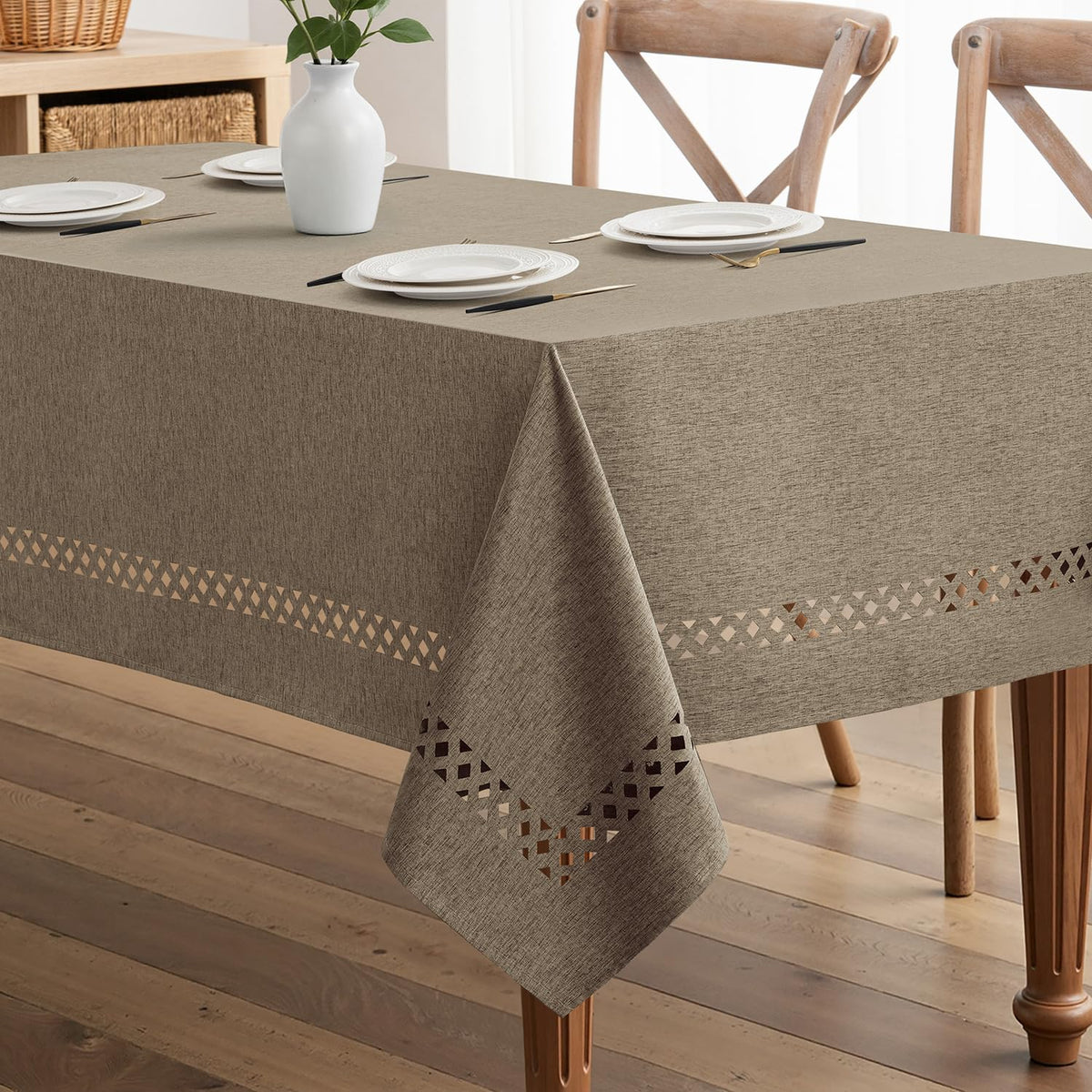 MIULEE Beige Rectangle Tablecloth with Decorative Cutouts 60x104 inch