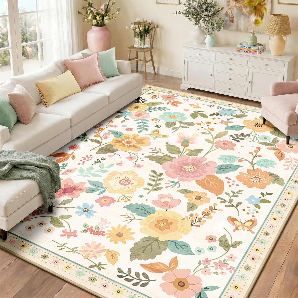 RELEANY Floral Washable 5x7 Area Rugs Black