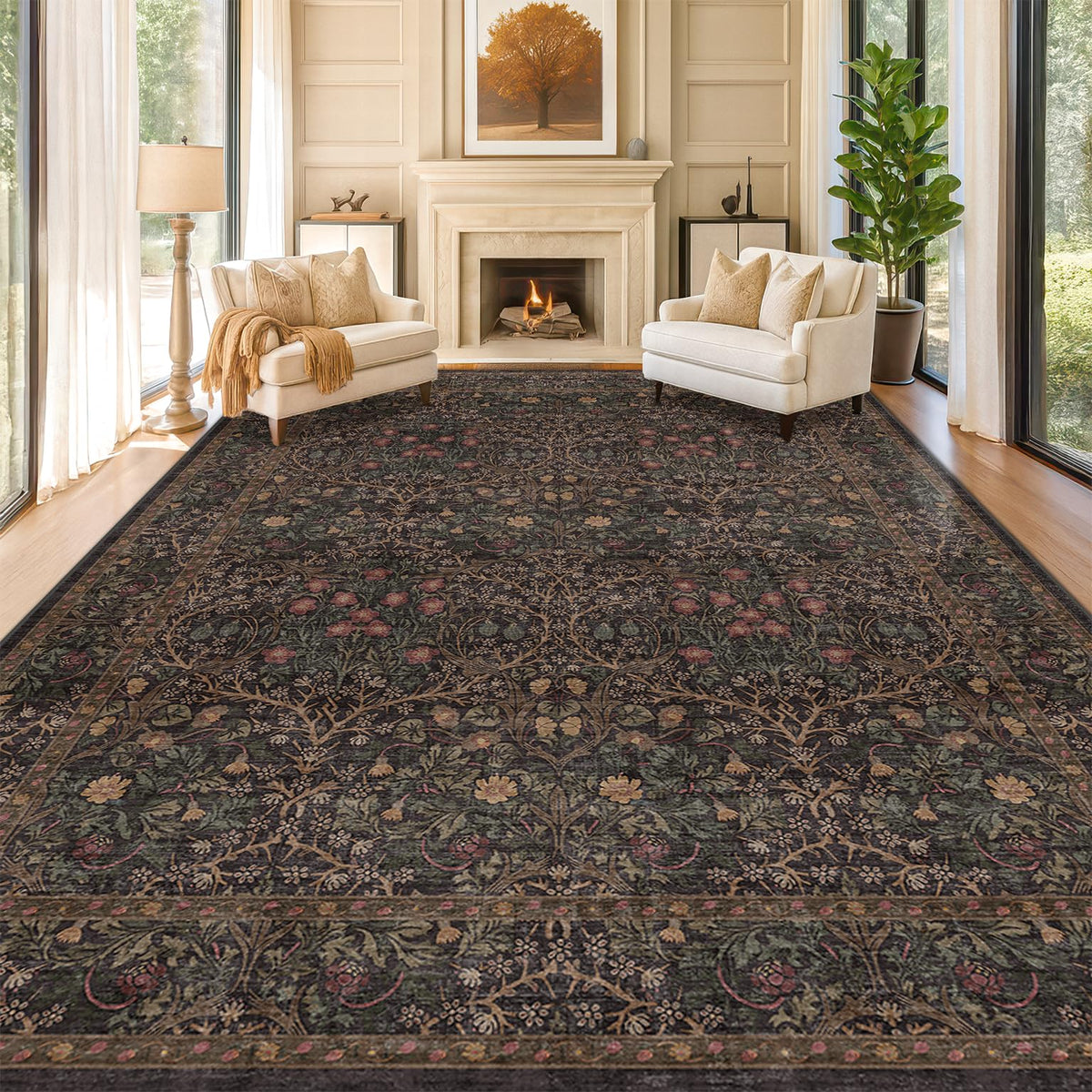 Vintage Floral Dark Green 3x5 Area Rugs for Entryway, Kitchen, Bedroom Beside Rug, Laundry Room, Non-Slip Low Pile Ultra Soft Stain Resistant Small Carpet