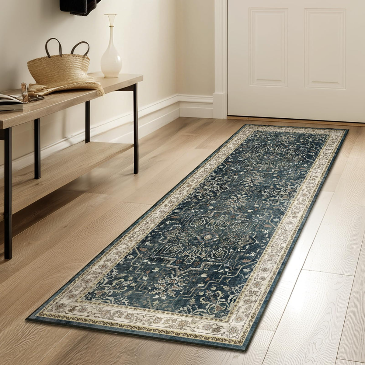 Vintage Dark Green Area Rugs 5x7 for Living Room, Tranditional Distressed Medallion Printed Low Pile Thin Rugs for Bedroom, Non Slip Washable Carpet Rugs for Dining Room/Kitchen/Home Office