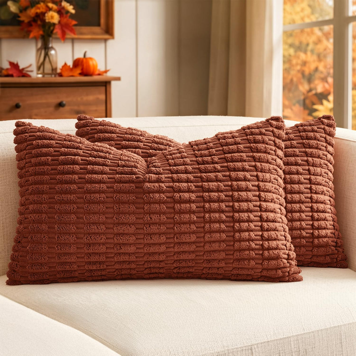 MIULEE Corduroy Decorative Throw Pillow Covers 18x18 Cream White Pack of 2