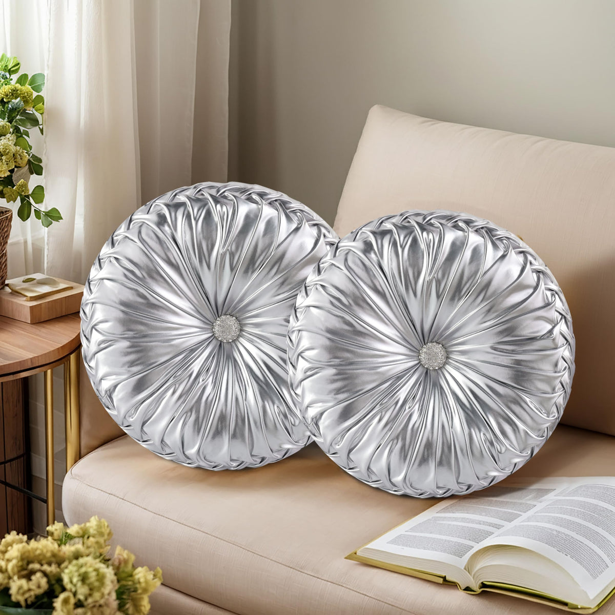 HIG Set of 2 Olive Velvet Decorative Round Pleated Throw Pillows