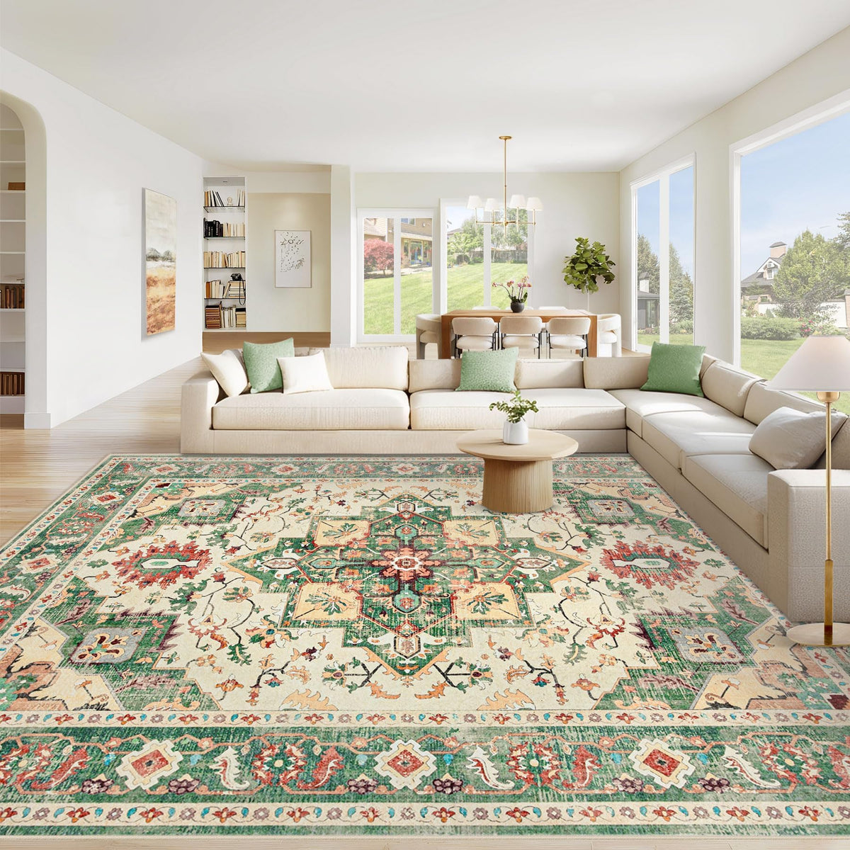Area Rug 8x10 Washable Rug, Vintage Boho Medallion Rugs Non-Slip Soft Low Pile Large Distressed Rug Indoor Retro Carpet for Living Room Bedroom Dining Room Office Children's Room(Beige, 8'x10')