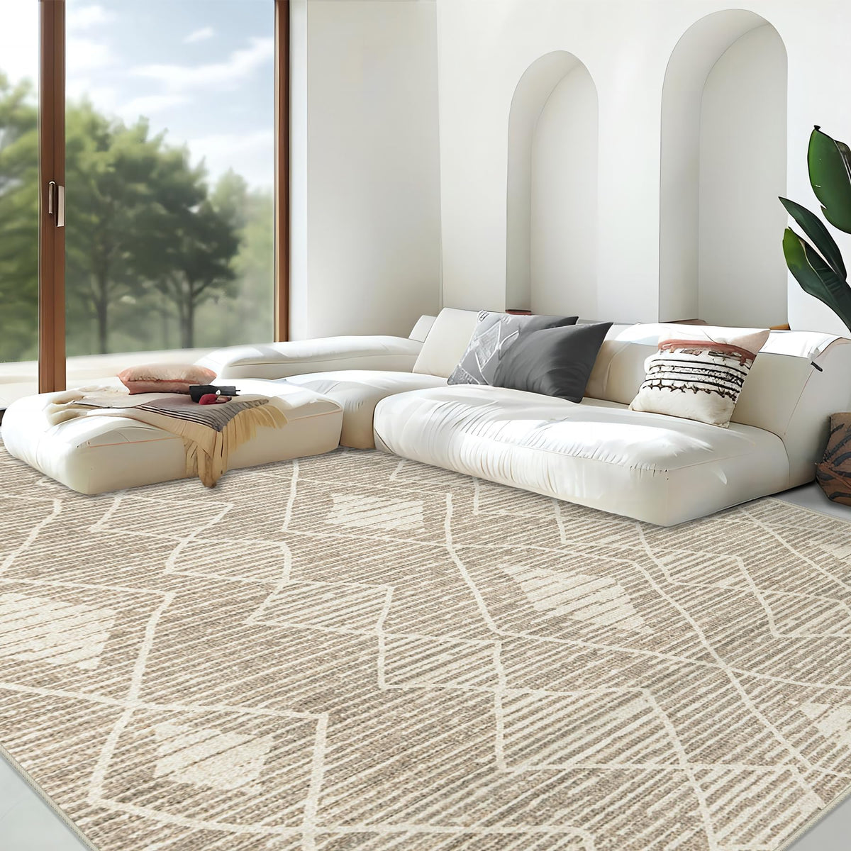 Area Rug for Living Room 6x9: Large Washable Boho Moroccan Rugs Geometric Neutral Rug, Non-Slip Foldable Morden Farmhouse Indoor Floor Carpet for Bedroom Dining Table Home(Brown Green,6'x9')