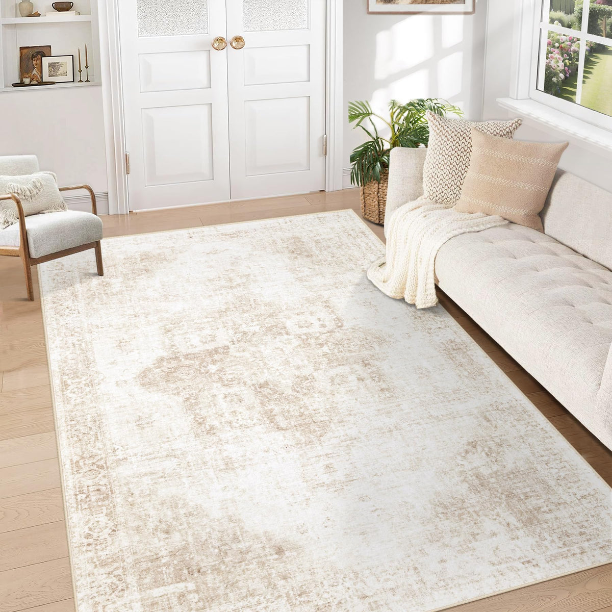 Area Rug 8x10 Washable Rug, Vintage Boho Medallion Rugs Non-Slip Soft Low Pile Large Distressed Rug Indoor Retro Carpet for Living Room Bedroom Dining Room Office Children's Room(Beige, 8'x10')