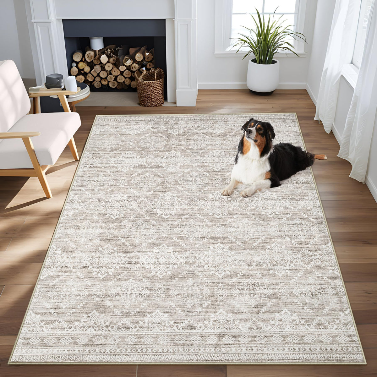 Area Rug for Living Room 6x9: Large Washable Boho Moroccan Rugs Geometric Neutral Rug, Non-Slip Foldable Morden Farmhouse Indoor Floor Carpet for Bedroom Dining Table Home(Brown Green,6'x9')