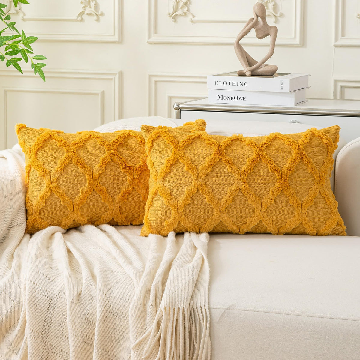Set of 2 Soft Moroccan Throw Pillow Covers 18x18 Inch Plush Boho Decorative Pillow Cover Accent Cushion Case for Couch Sofa Bed, Beige