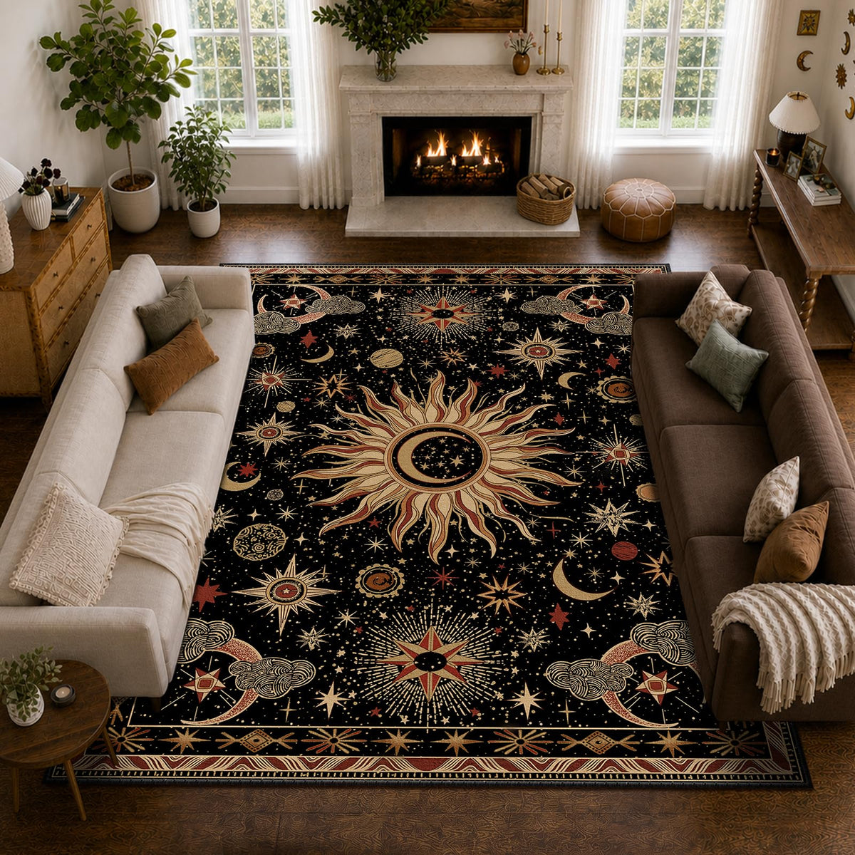 Vacuum-Friendly, 5x7 Washable Area Rug, Black Gold Beige Red