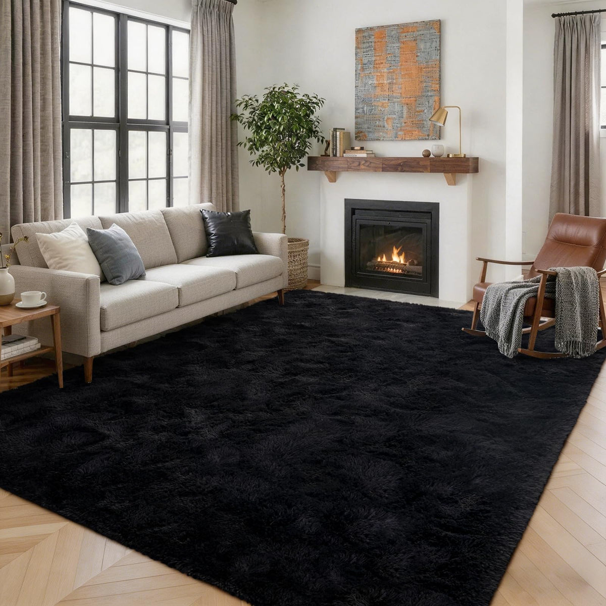 5x7 Black Area Rugs for Living Room, Large Fluffy Shag Bedroom Rugs Non-Slip, Ultra Soft Plush Carpet for Nursery Kids PlayRoom Dorm Office Indoor Modern Carpets