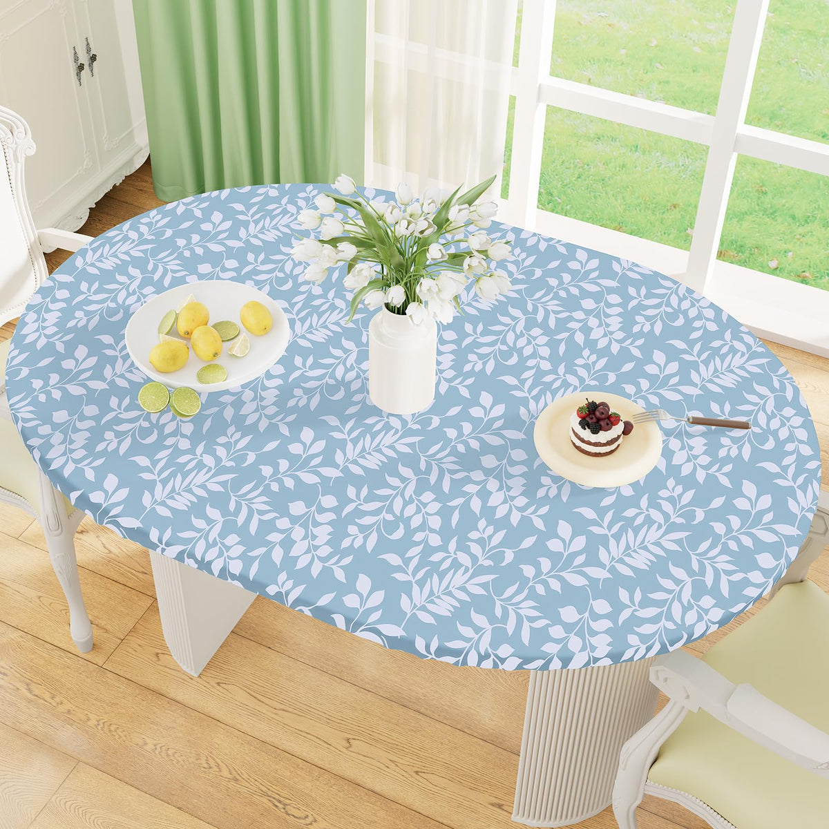 misaya Round Fitted Tablecloth with Elastic Edge, 100% Waterproof Oil Proof Plastic Table Cover, Vinyl Flannel Backed Tablecloth Fits 36"-44" Round Tables for Dinner, Outdoor, Picnic, Flowers