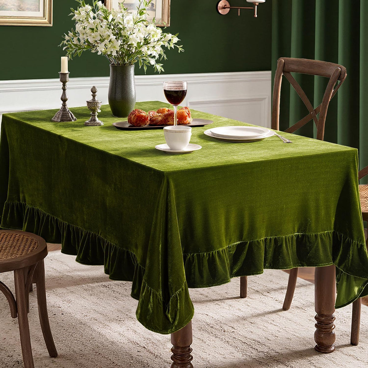 MIULEE Velvet Tablecloth with Decorative Ruffle 60x120 Inch Olive Green