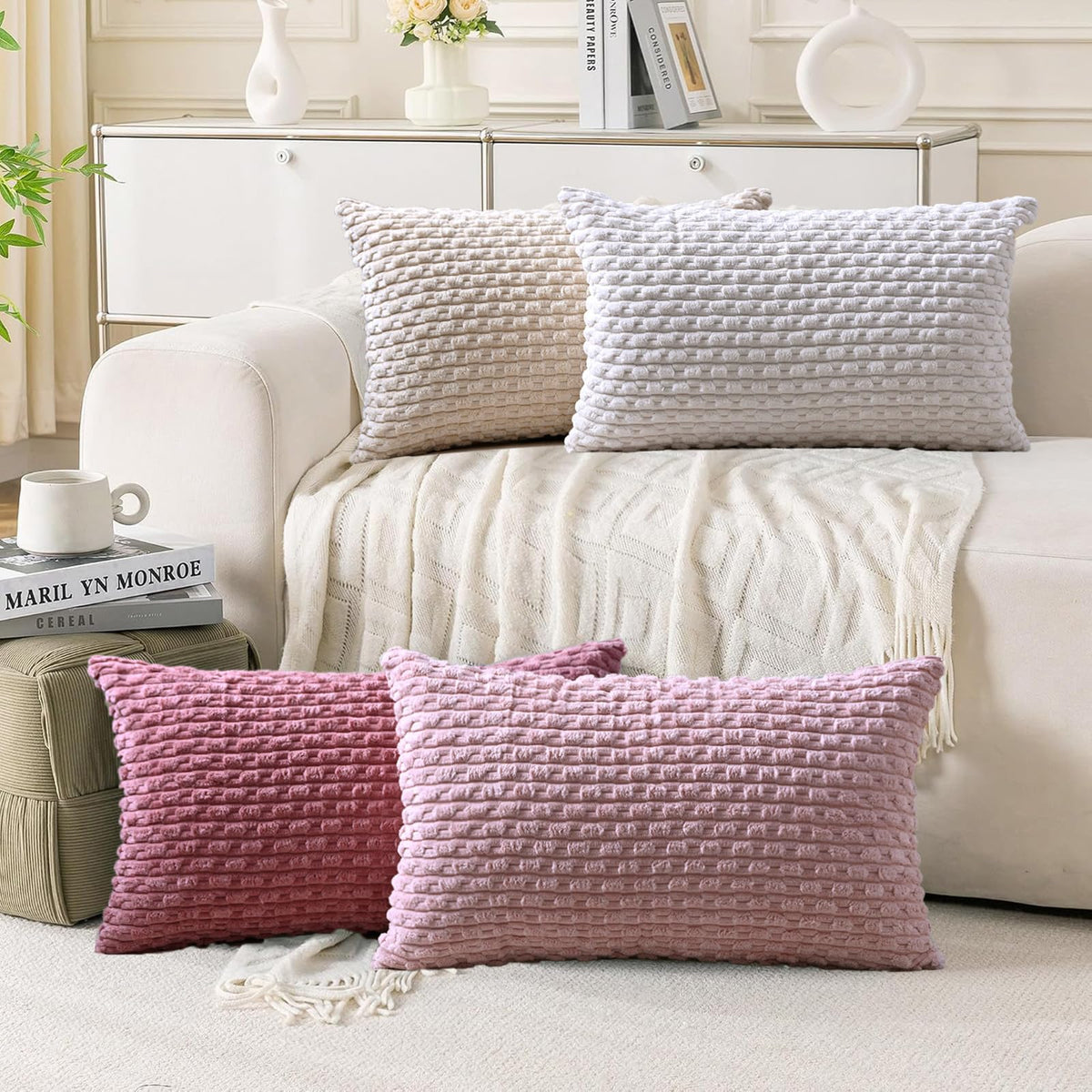 Set of 4 Neutral Decorative Throw Pillow Covers 18x18 Inch Corduroy Pillow Covers for Bed Couch Sofa Living Room Soft Square Cushion Cases