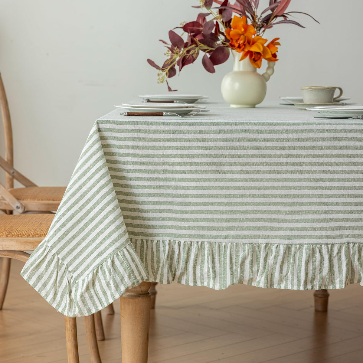 Striped Cotton Blend Tablecloth Ruffled Table Cloth Blue, 60"×120"