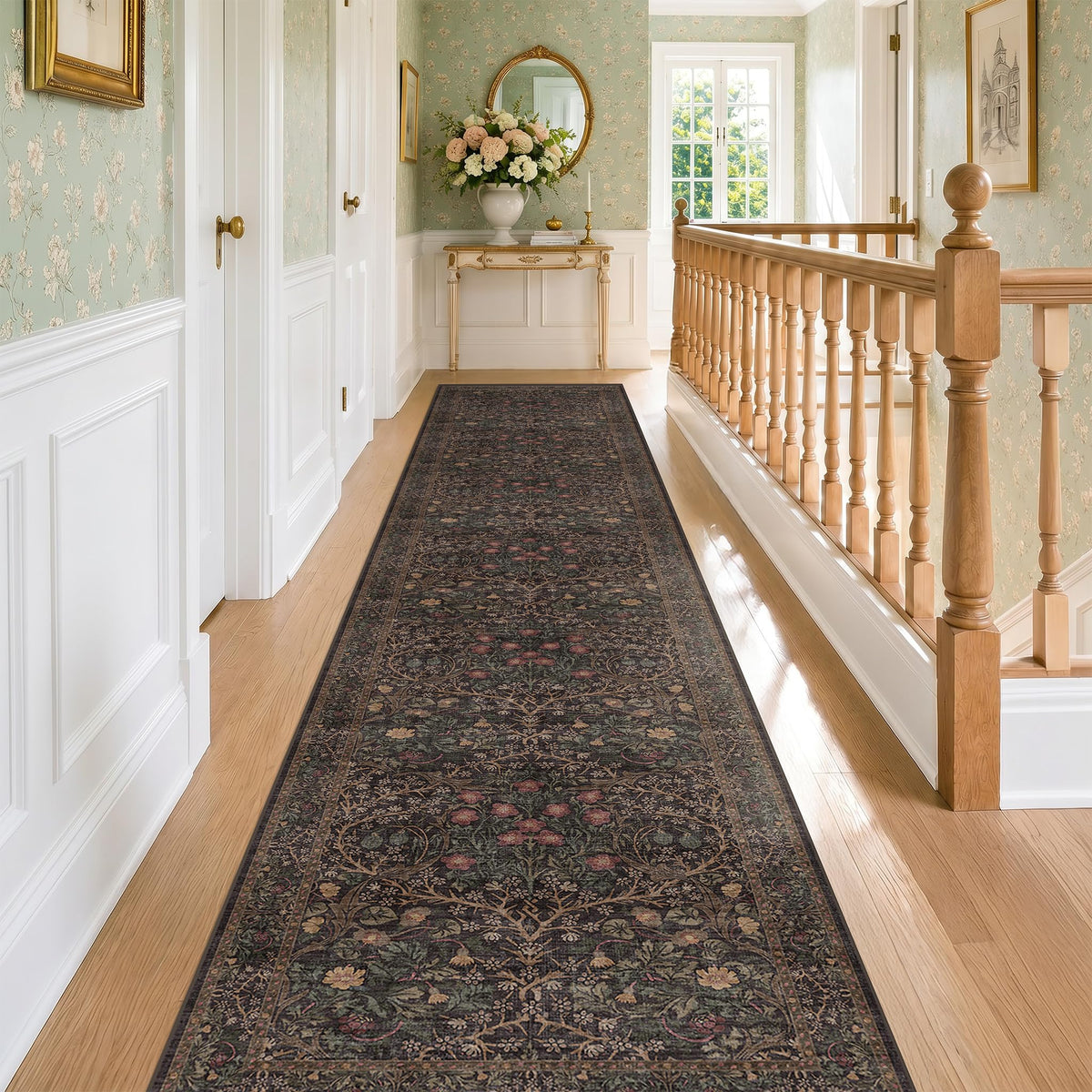 Vintage Floral Dark Green 3x5 Area Rugs for Entryway, Kitchen, Bedroom Beside Rug, Laundry Room, Non-Slip Low Pile Ultra Soft Stain Resistant Small Carpet
