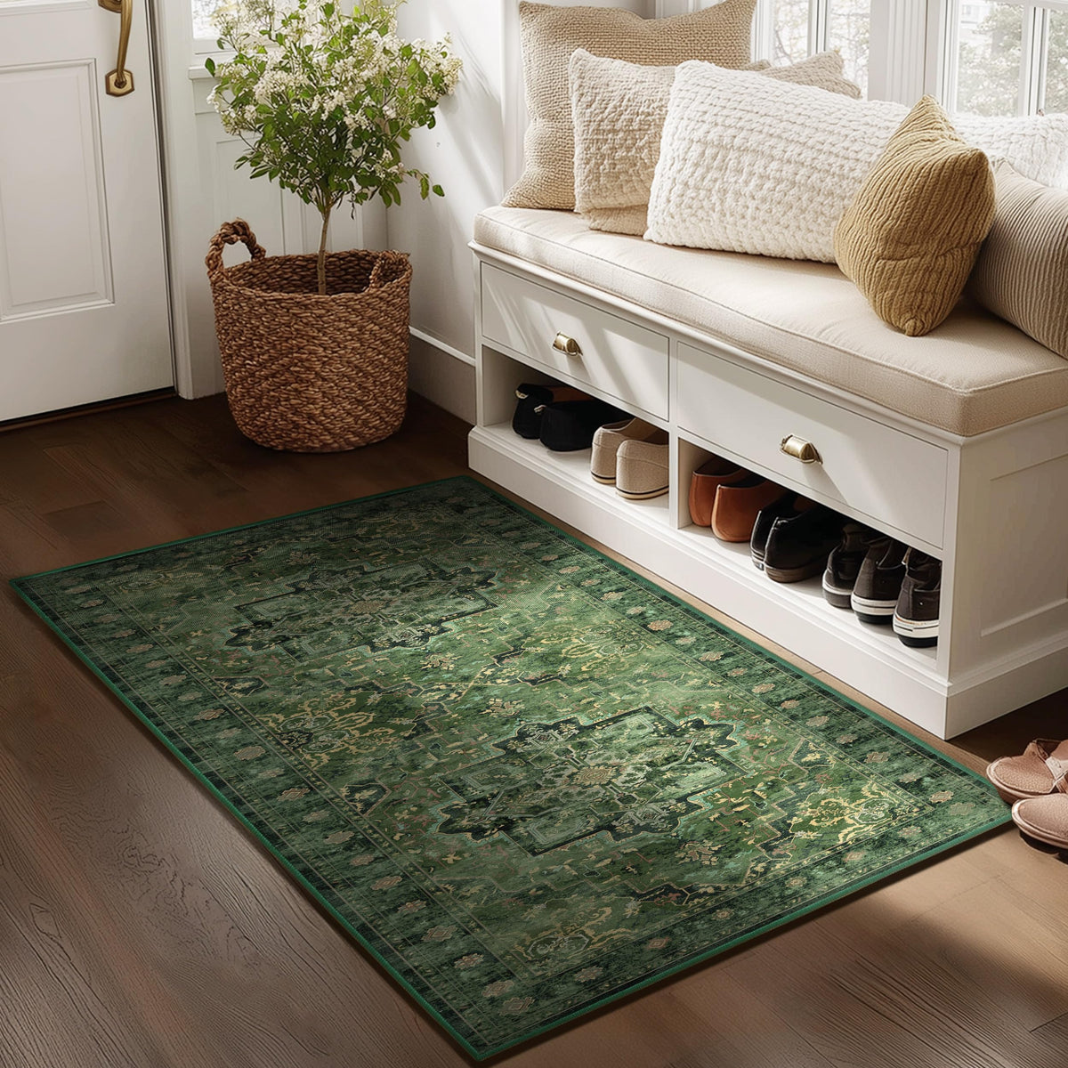 Vintage Dark Green Area Rugs 5x7 for Living Room, Tranditional Distressed Medallion Printed Low Pile Thin Rugs for Bedroom, Non Slip Washable Carpet Rugs for Dining Room/Kitchen/Home Office