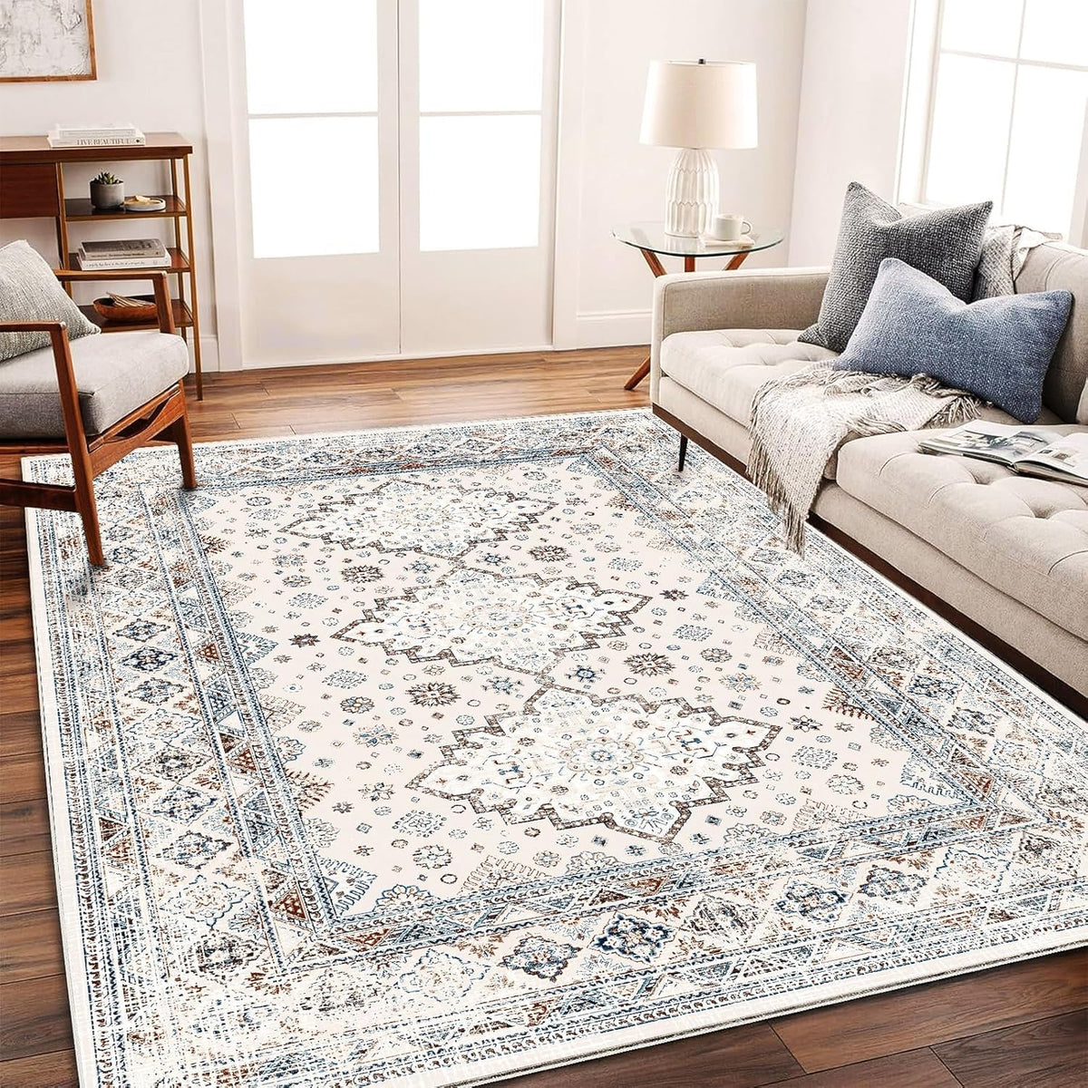 CHAMPLANT 6'x9' Washable Vintage Area Rug Boho Chic Medallion Distressed Design Non-Shedding Easy Care Ideal for High Traffic Areas in Living Room Bedroom Kitchen Office Large Carpet