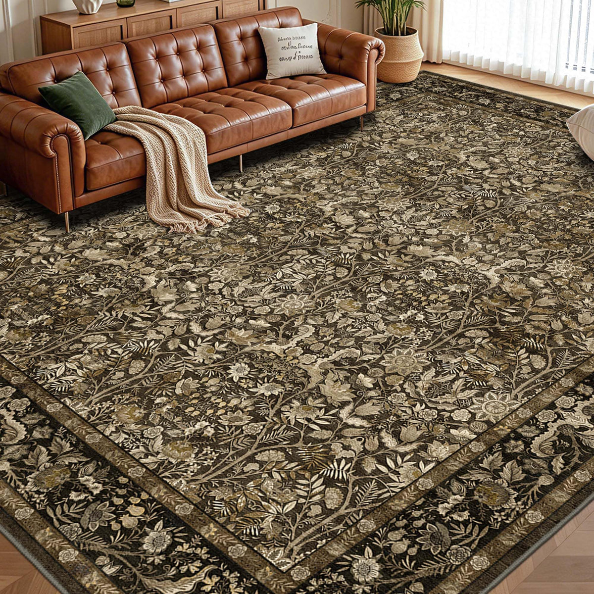 Vintage Botanical Area Rug 8x10: Floral Carpet Non-Slip - Dark Green