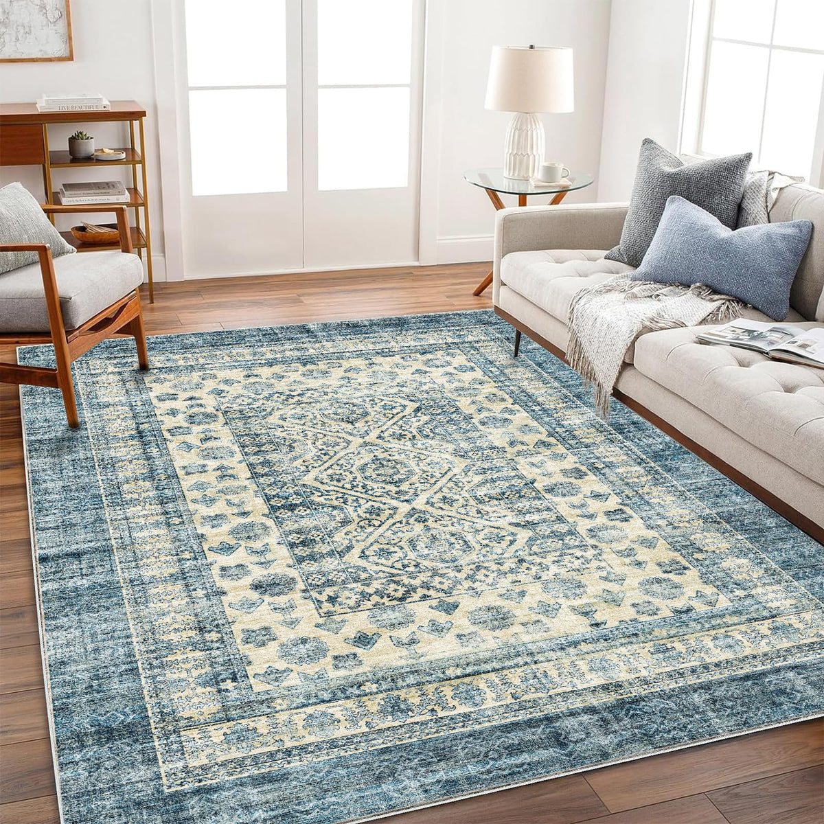 CHAMPLANT 6'x9' Washable Vintage Area Rug Boho Chic Medallion Distressed Design Non-Shedding Easy Care Ideal for High Traffic Areas in Living Room Bedroom Kitchen Office Large Carpet