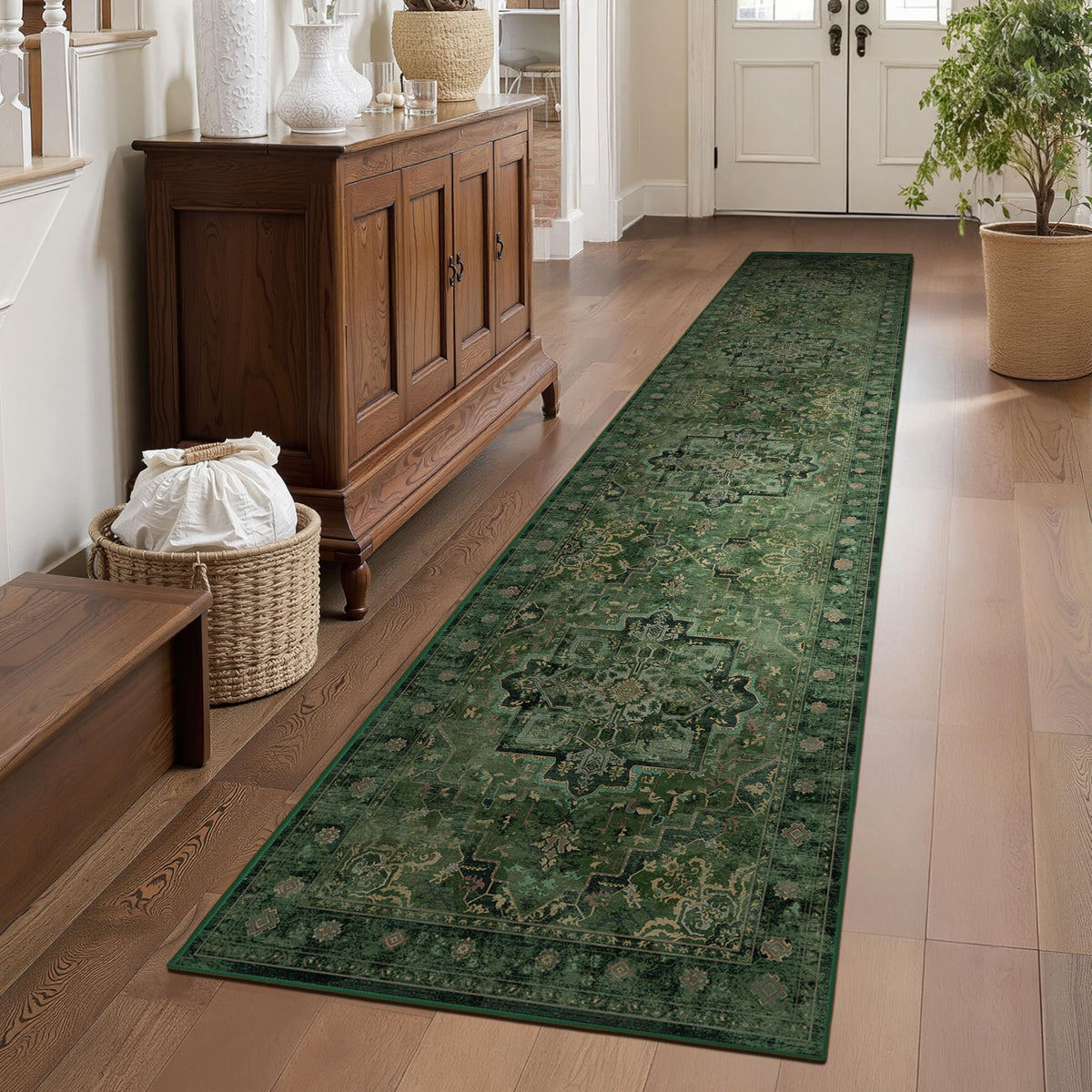 Vintage Dark Green Area Rugs 5x7 for Living Room, Tranditional Distressed Medallion Printed Low Pile Thin Rugs for Bedroom, Non Slip Washable Carpet Rugs for Dining Room/Kitchen/Home Office