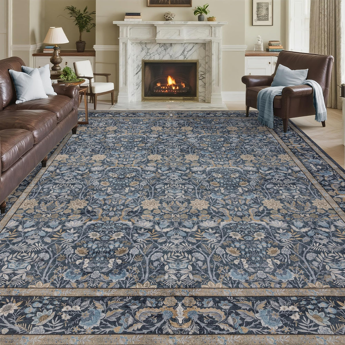 Vintage Botanical Area Rug 8x10: Floral Carpet Non-Slip - Dark Green