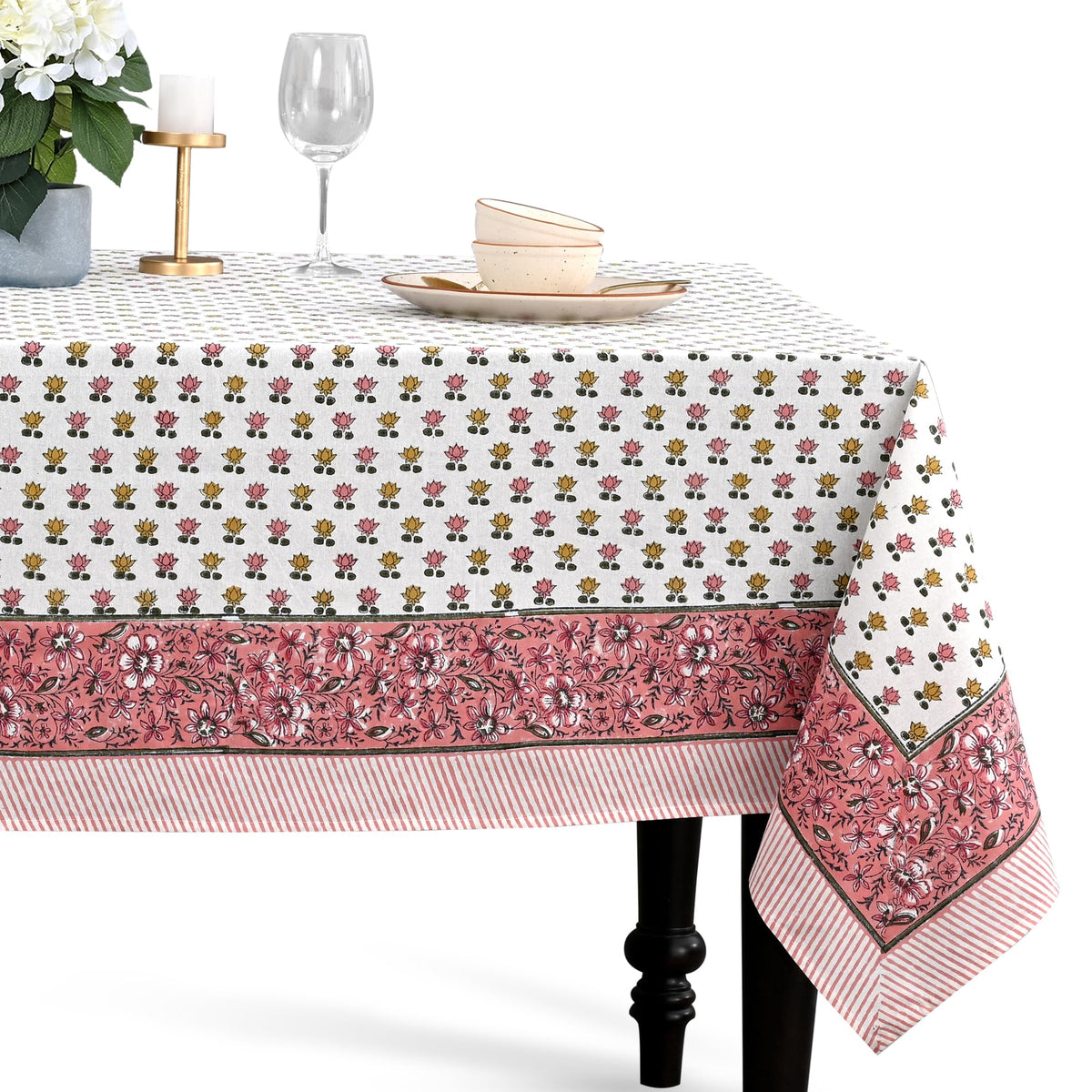 CPC Tablecloth 100% Cotton 70x108 Inch Indian Block Print Rectangle Table Cover, Blue Table Cloth for Weddings, Spring/Summer, Barbeque - Apatite Blue