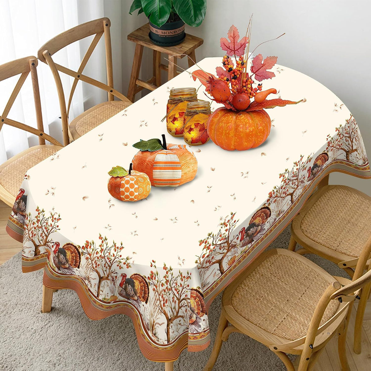 Fall Thanksgiving Double Border Decoration Tablecloth, Turkey & Pumpkin Harvest Tablecloths, Waterproof Table Cover for Dinner Kitchen Party Holiday Decorations Oval 54 x 72 Inch