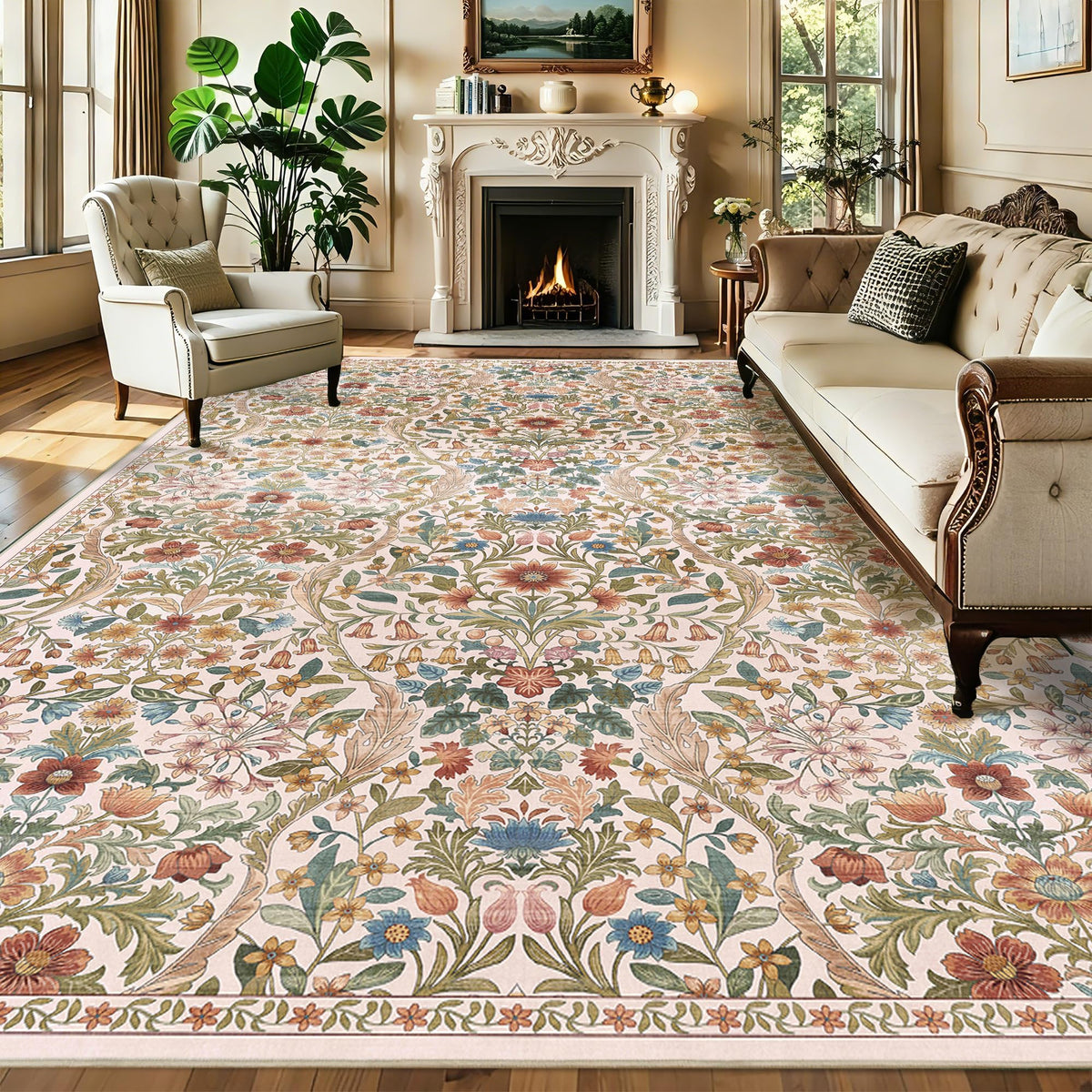 Floral Area Rug 5x7 Botanical Washable Carpet for Living Room