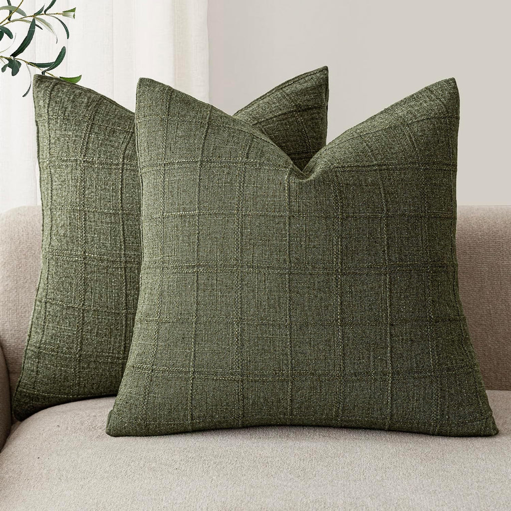 Foindtower Boho Linen Check Decorative Throw Pillow Cover 20×20 Olive Green