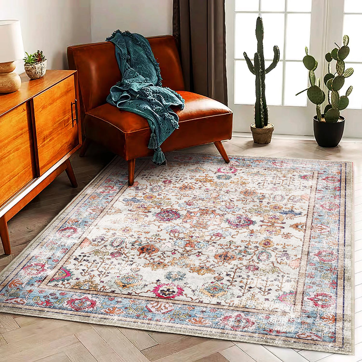 CHAMPLANT 6'x9' Washable Vintage Area Rug Boho Chic Medallion Distressed Design Non-Shedding Easy Care Ideal for High Traffic Areas in Living Room Bedroom Kitchen Office Large Carpet