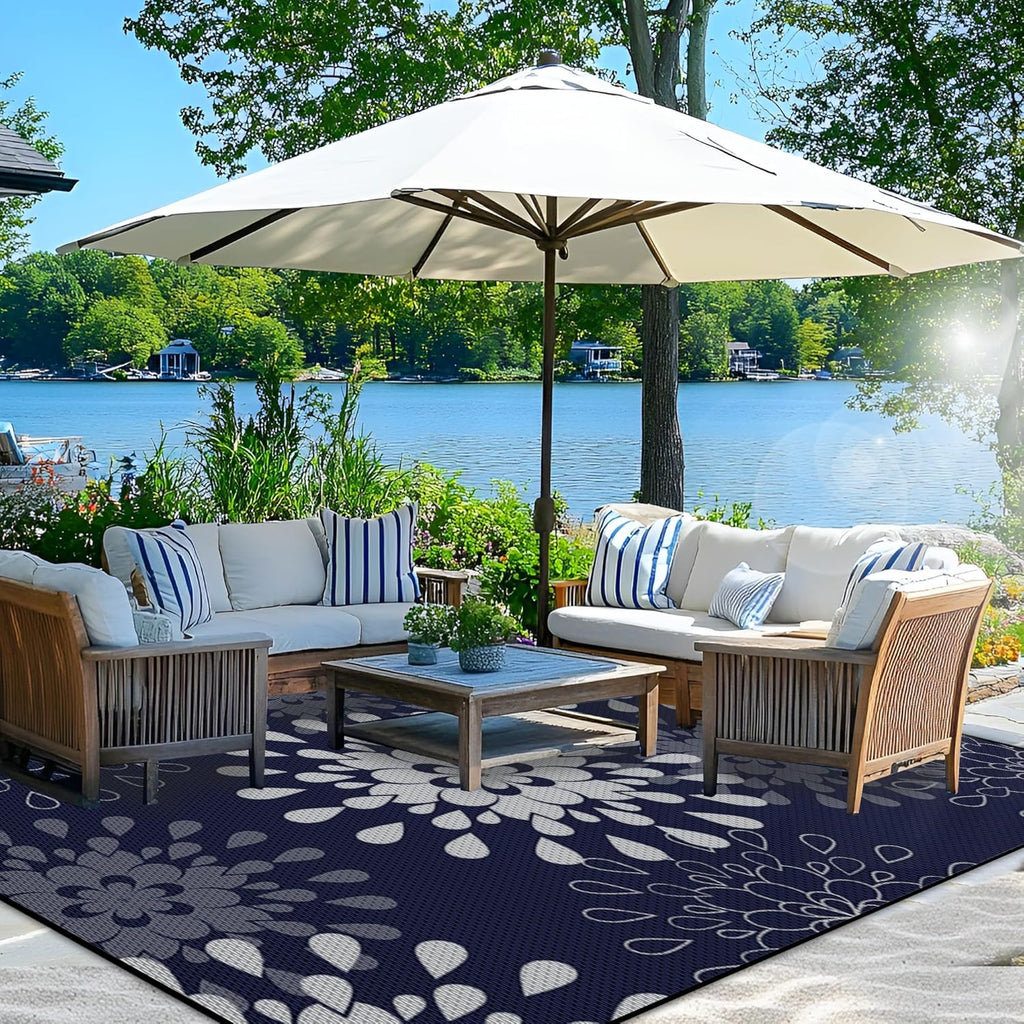 Wallona Outdoor Rug 5x8 ft, Flower Blue & White