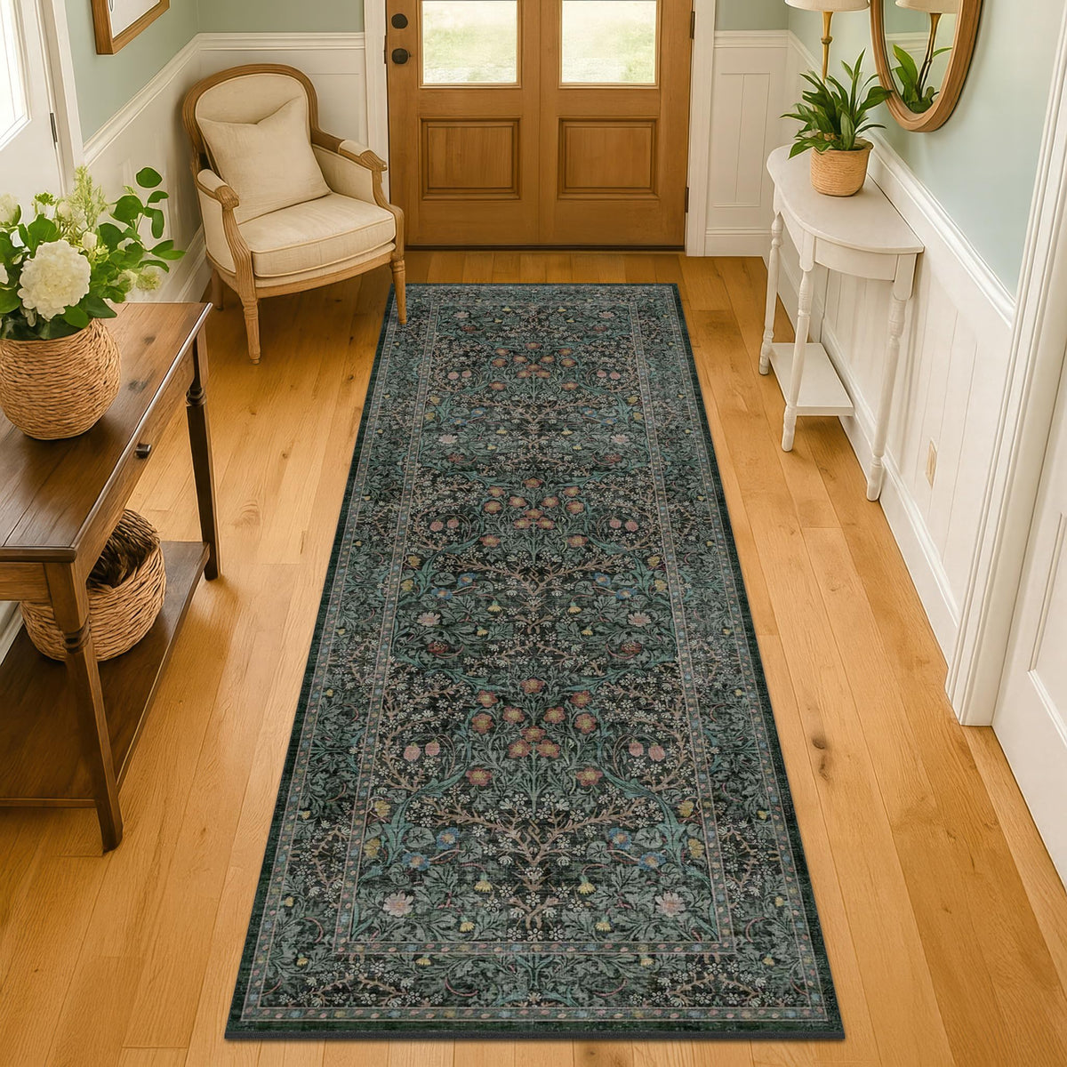 Vintage Floral Dark Green 3x5 Area Rugs for Entryway, Kitchen, Bedroom Beside Rug, Laundry Room, Non-Slip Low Pile Ultra Soft Stain Resistant Small Carpet