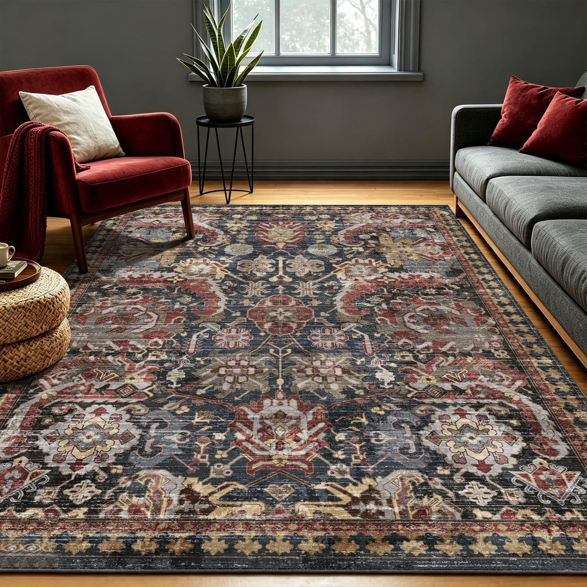 RUGSURE Washable Area Rugs - Perfect for Living Room, Bedroom, Kids Room, Nursery - Stain & Water Resistant Non-Slip, Pet & Child Friendly, Vintage Tribal Area Rugs (Green, 5' x 7')