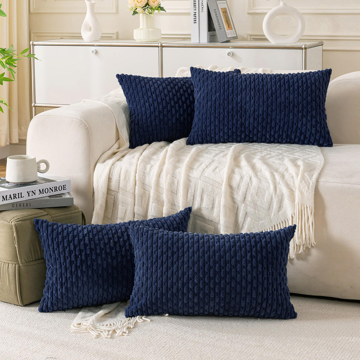 Set of 4 Neutral Decorative Throw Pillow Covers 18x18 Inch Corduroy Pillow Covers for Bed Couch Sofa Living Room Soft Square Cushion Cases