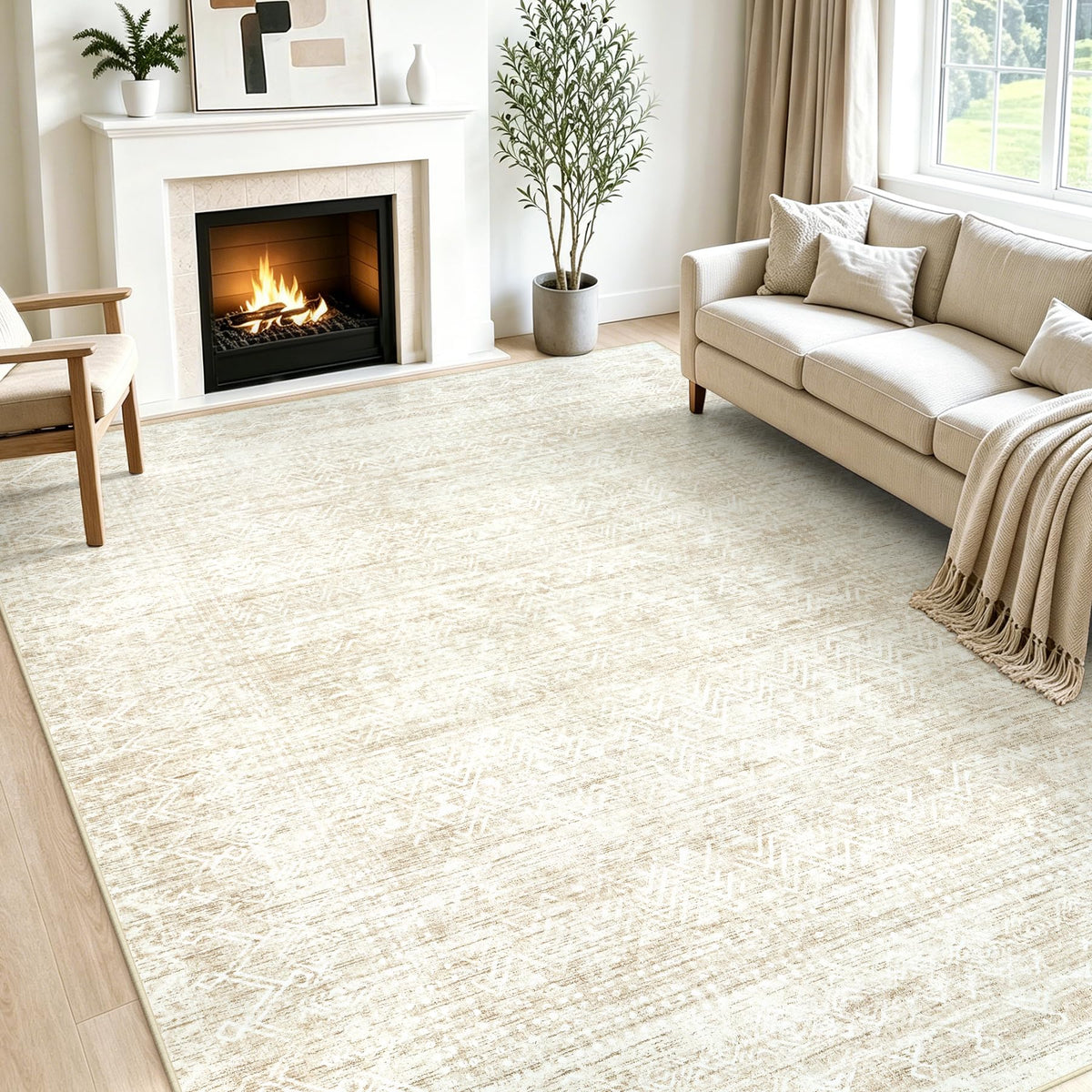 6x9 Area Rugs, Beige Washable Geometric Boho Rug for Living Room, Bedroom
