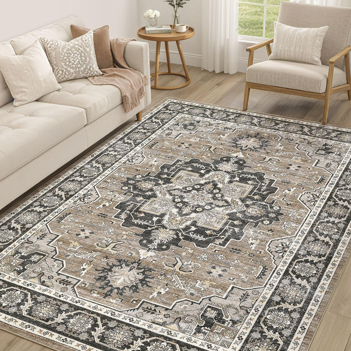 cotiled 5x7 Area Rug for Living Room, Washable, Traditional, Beige