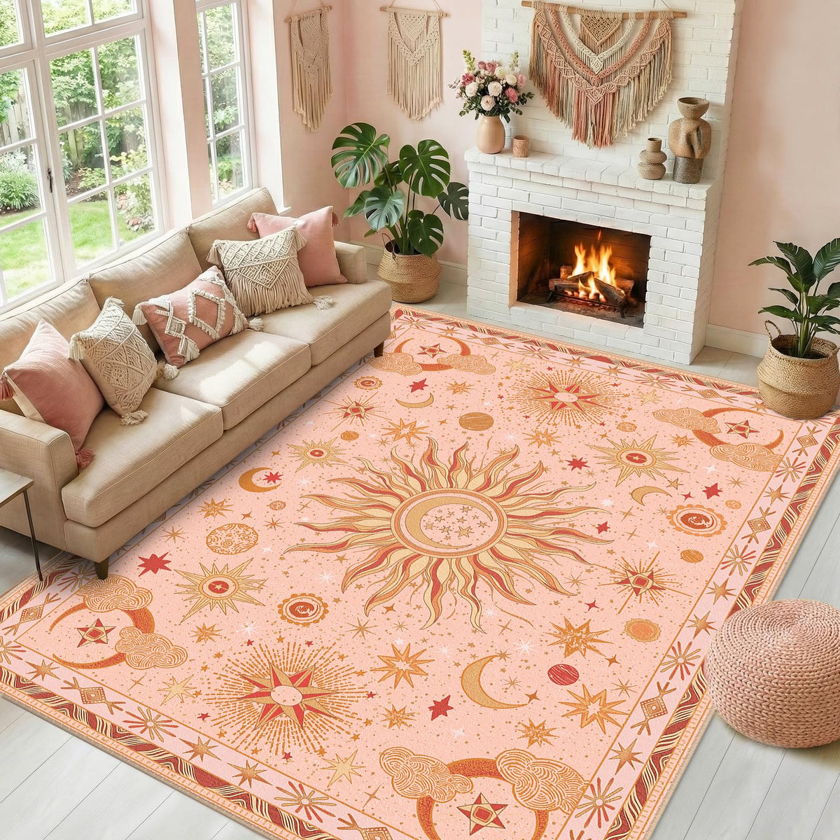 Vacuum-Friendly, 5x7 Washable Area Rug, Black Gold Beige Red