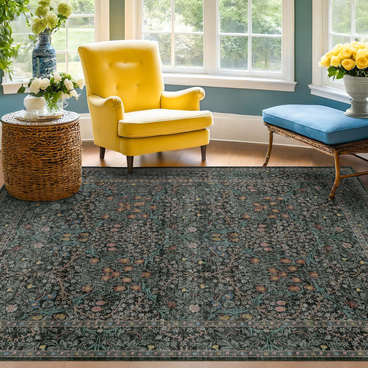 Vintage Floral Dark Green 3x5 Area Rugs for Entryway, Kitchen, Bedroom Beside Rug, Laundry Room, Non-Slip Low Pile Ultra Soft Stain Resistant Small Carpet