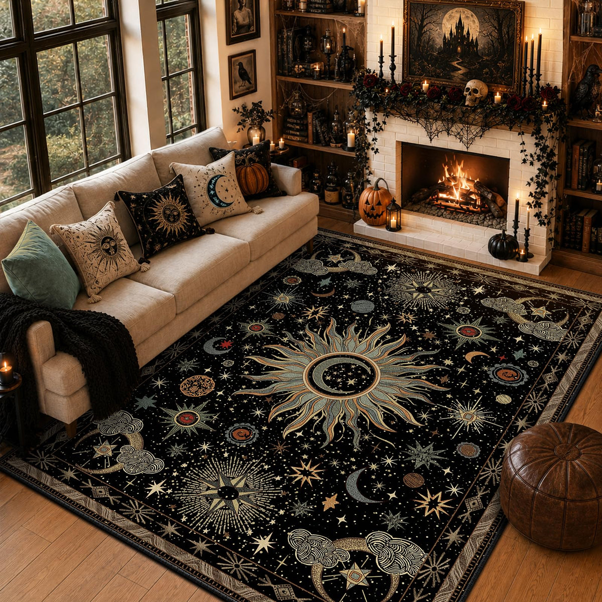 Vacuum-Friendly, 5x7 Washable Area Rug, Black Gold Beige Red