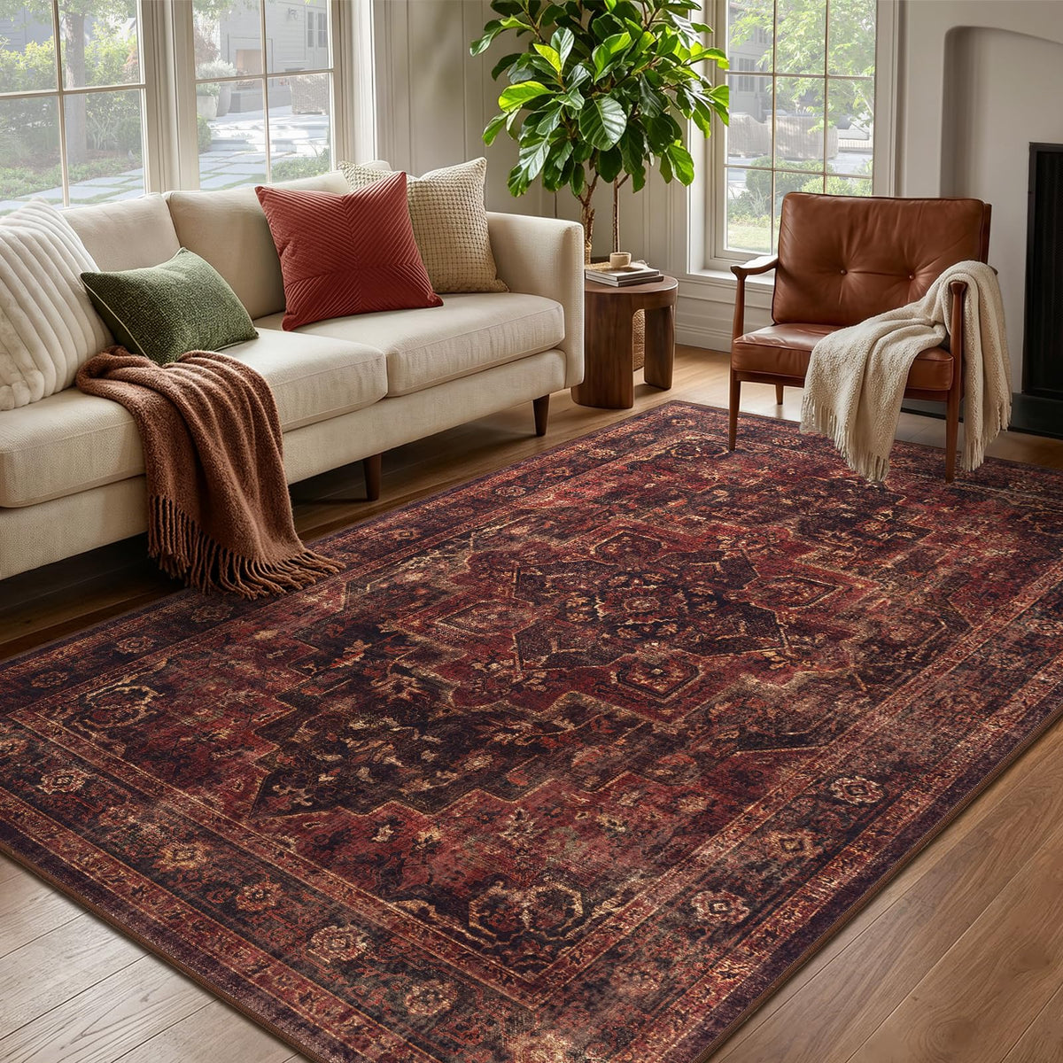Vintage Dark Green Area Rugs 5x7 for Living Room, Tranditional Distressed Medallion Printed Low Pile Thin Rugs for Bedroom, Non Slip Washable Carpet Rugs for Dining Room/Kitchen/Home Office