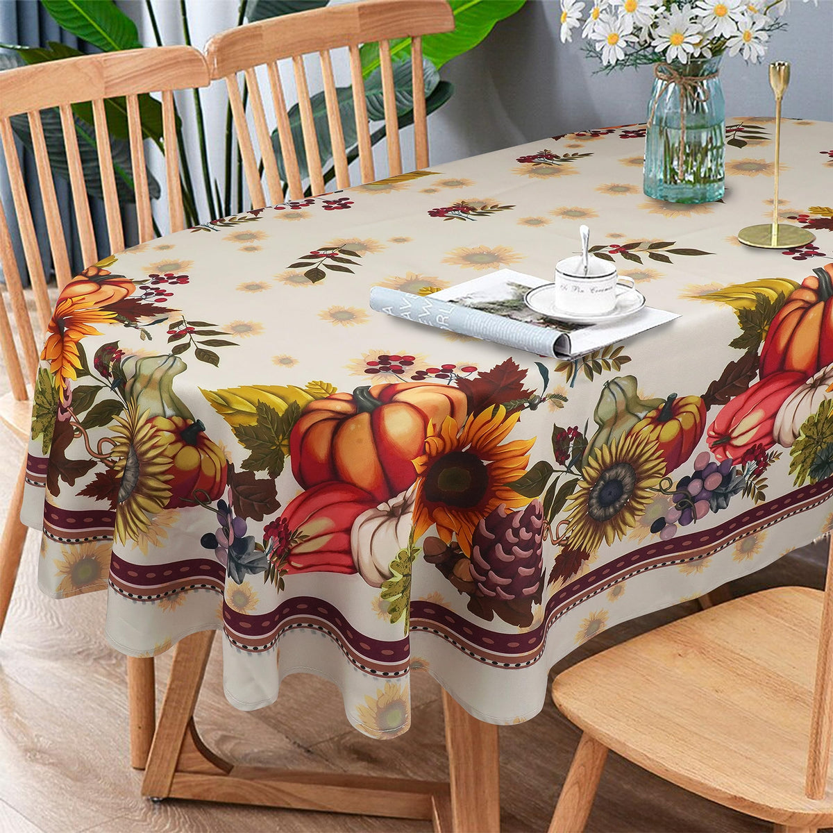 Fall Thanksgiving Double Border Decoration Tablecloth, Turkey & Pumpkin Harvest Tablecloths, Waterproof Table Cover for Dinner Kitchen Party Holiday Decorations Oval 54 x 72 Inch