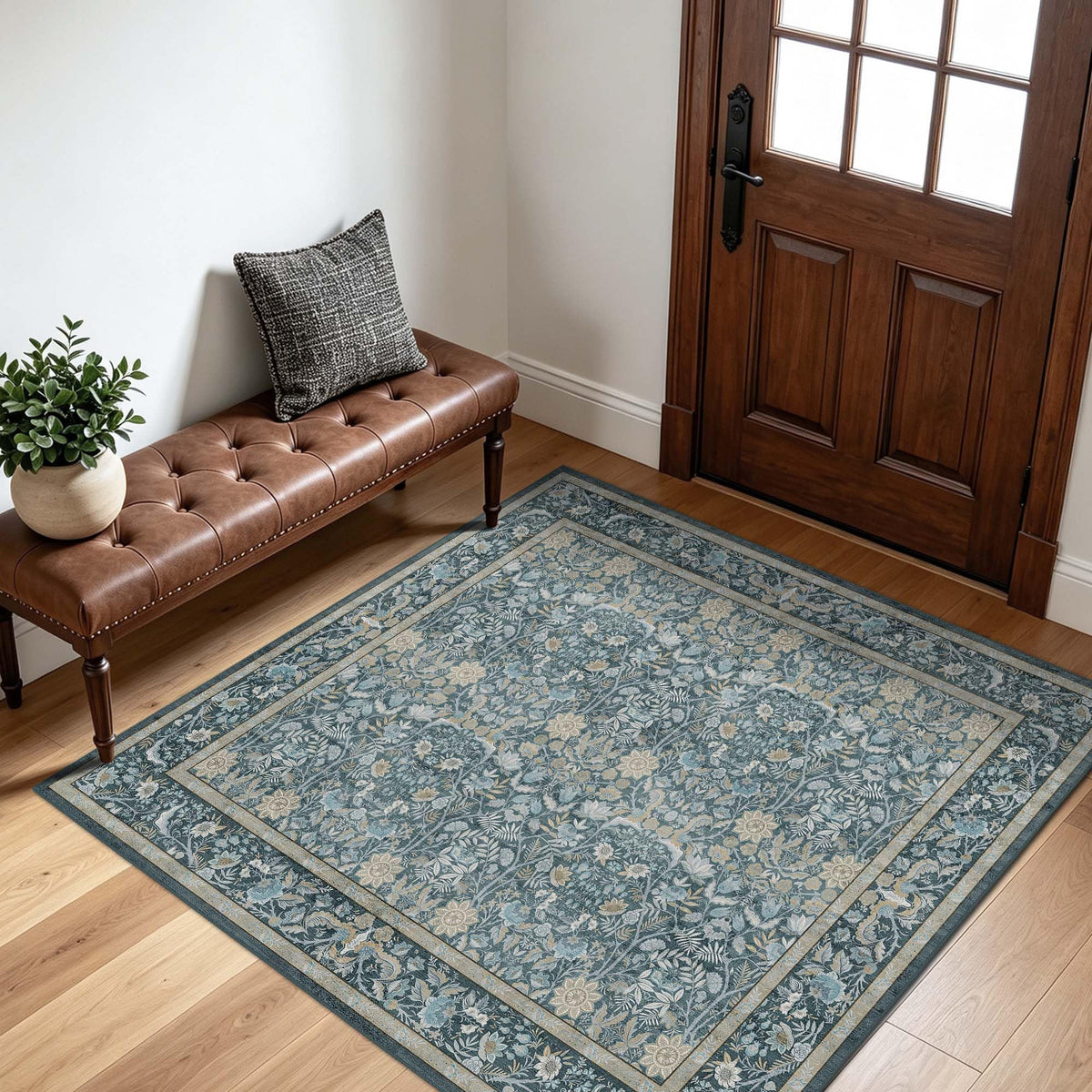Vintage Botanical Area Rug 8x10: Floral Carpet Non-Slip - Dark Green