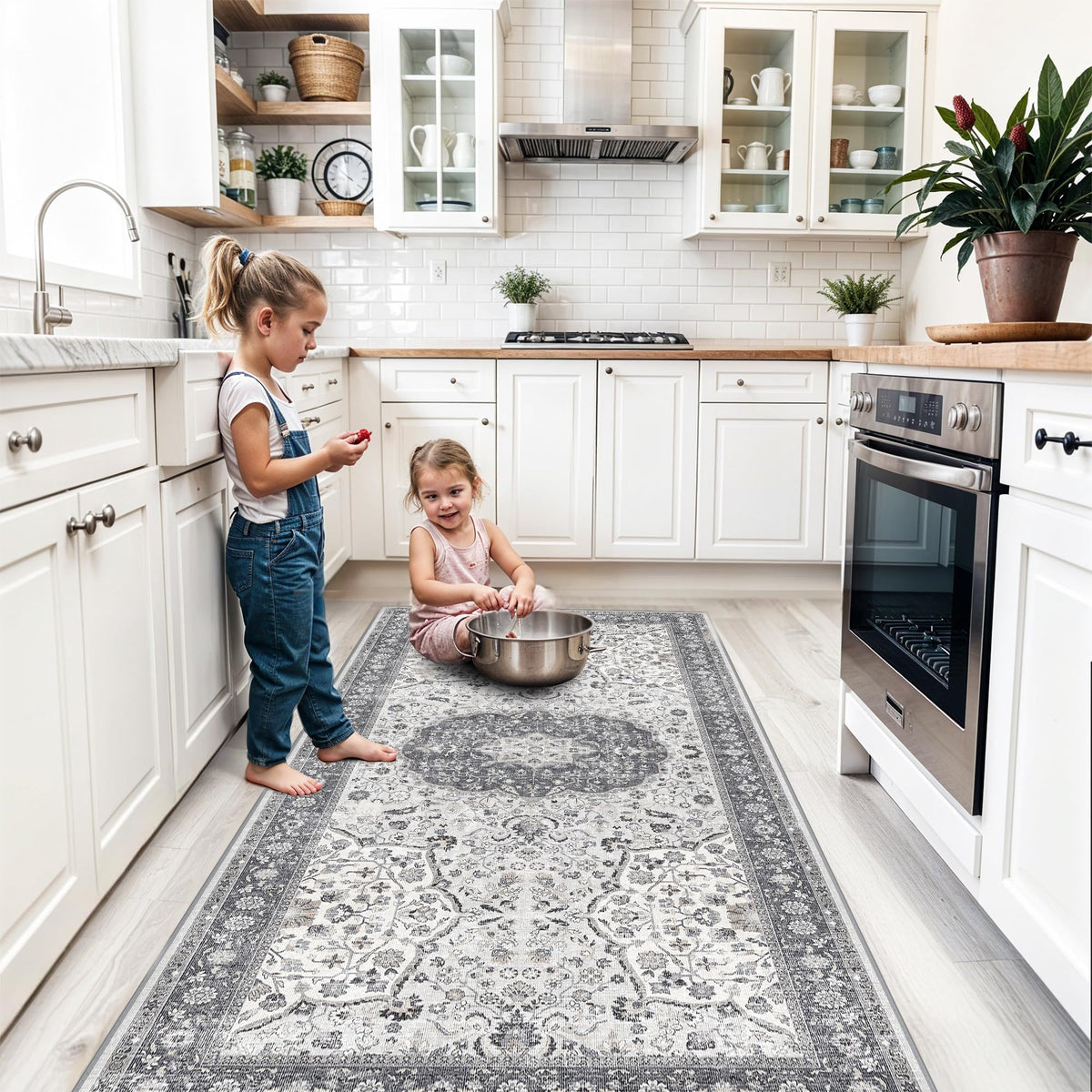Hallway Washable Runner Rug - 2x10 Kitchen Rugs Entryway Rug Runner Vintage Soft Floor Mat Non Slip Indoor Farmhouse Carpet for Bathroom Living Room Bedroom (2 X 10, Beige)