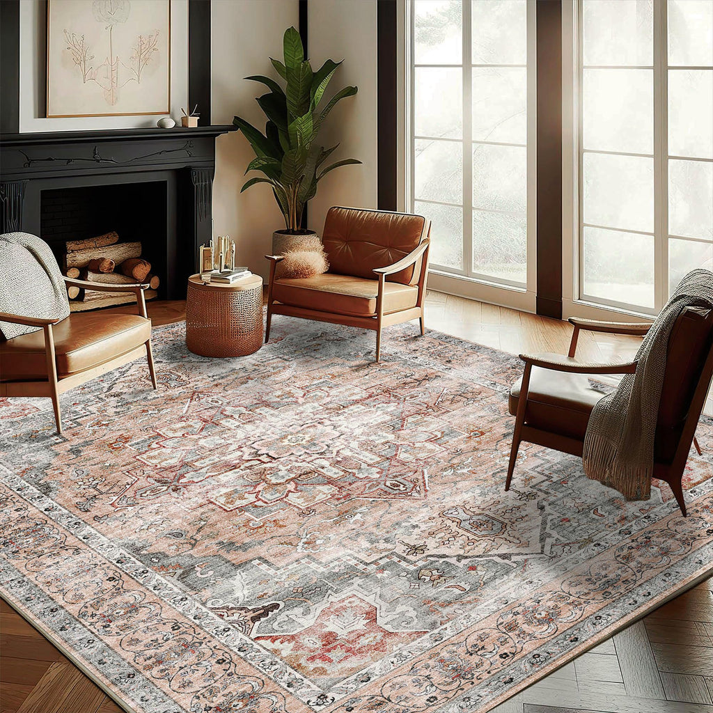 CHAMPLANT 6'x9' Washable Vintage Area Rug Boho Chic Medallion Distressed Design Non-Shedding Easy Care Ideal for High Traffic Areas in Living Room Bedroom Kitchen Office Large Carpet