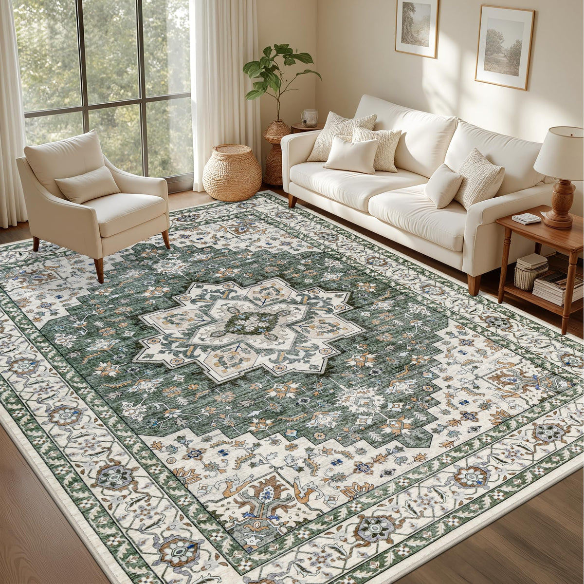 5x7 Area Rugs Living Room: Washable Vintage Rug for Bedroom Beige